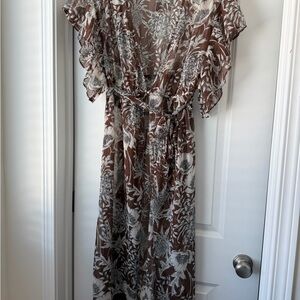 Express Brown and Cream Floral Midi Dress with Flutter Sleeves
